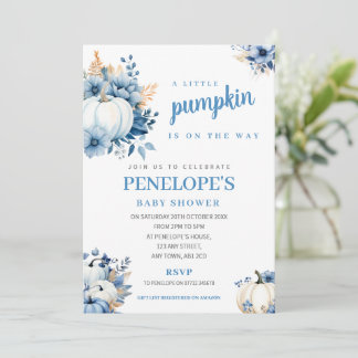 Little Pumpkin Baby Shower Invite Blue Fall Floral