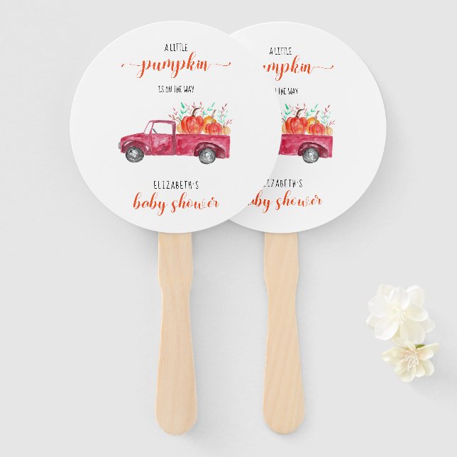 Little Pumpkin Baby Shower Red Truck Fall Autumn Hand Fan (Front and Back)