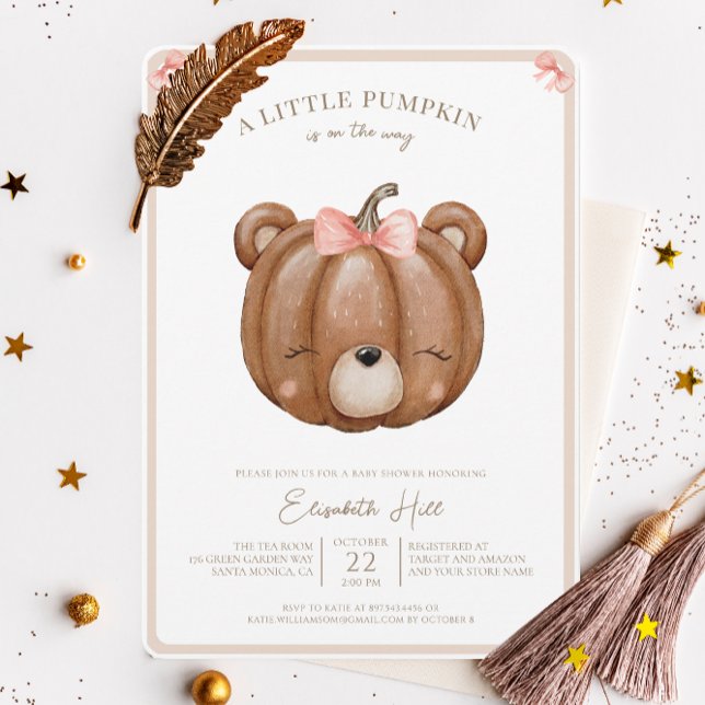 Little Pumpkin Bear Fall Baby Girl Shower Invitation (Creator Uploaded)