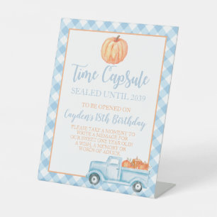 Little Pumpkin blue 1st Birthday Time Capsule Pedestal Sign