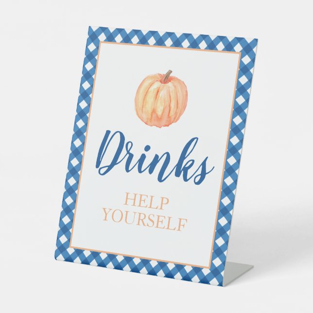 Little Pumpkin blue Fall Birthday drink Pedestal Sign (Front)