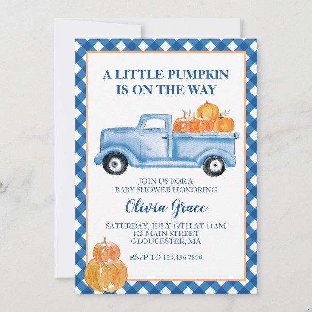 Little Pumpkin Blue truck Fall Baby Shower Invitation (Front)