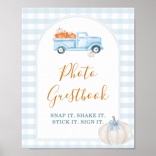 Little Pumpkin Blue Truck Gingham Photo Guestbook (Front)
