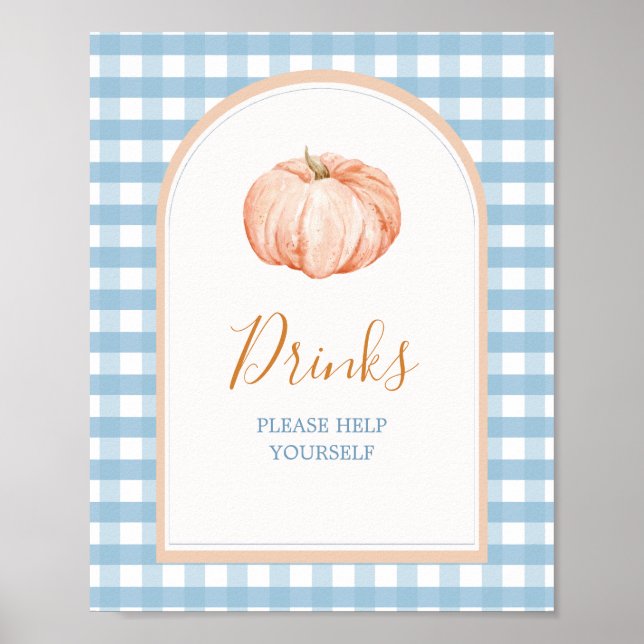 Little Pumpkin Boho Blue Gingham Drinks Sign (Front)
