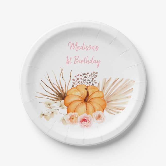 Little Pumpkin Boho Floral Birthday Paper Plate (Front)
