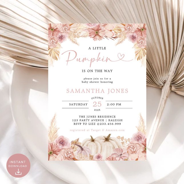 Little Pumpkin Boho Pink Pampas Grass  Baby Shower Invitation (Creator Uploaded)