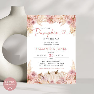 Little Pumpkin Boho Pink Pampas Grass  Baby Shower Invitation