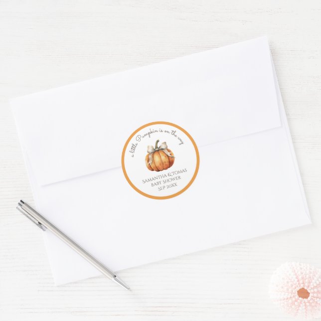Little Pumpkin Bow Minimal Neutral Baby Shower Classic Round Sticker (Envelope)