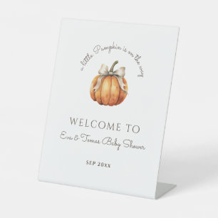 Little Pumpkin Bow Minimal Neutral Baby Shower Pedestal Sign