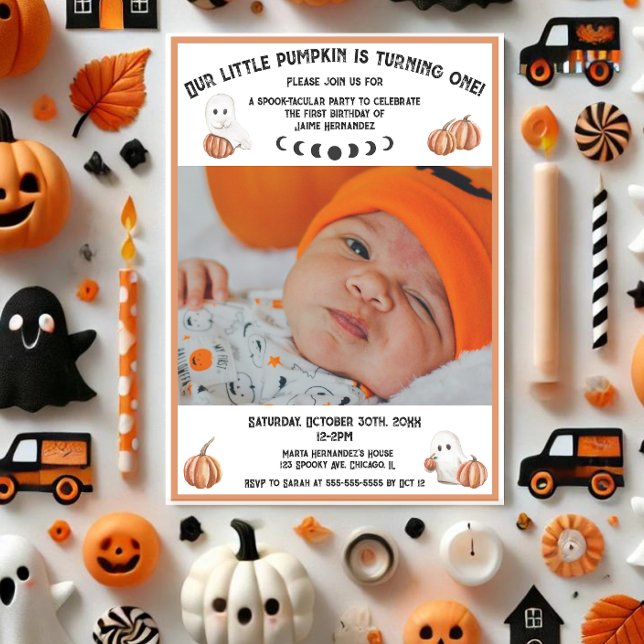 Little Pumpkin Cute Ghost Photo 1st Birthday Invitation (Creator Uploaded)