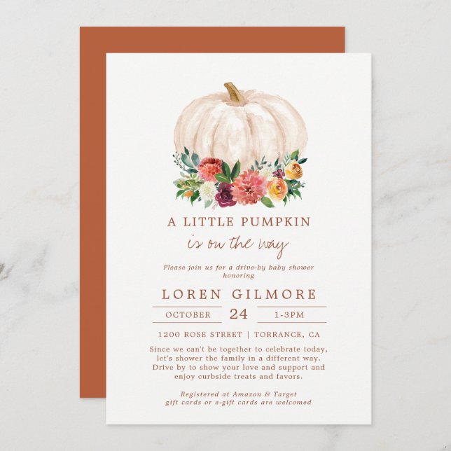 Little Pumpkin Drive By Baby Shower Invitation (Front/Back)