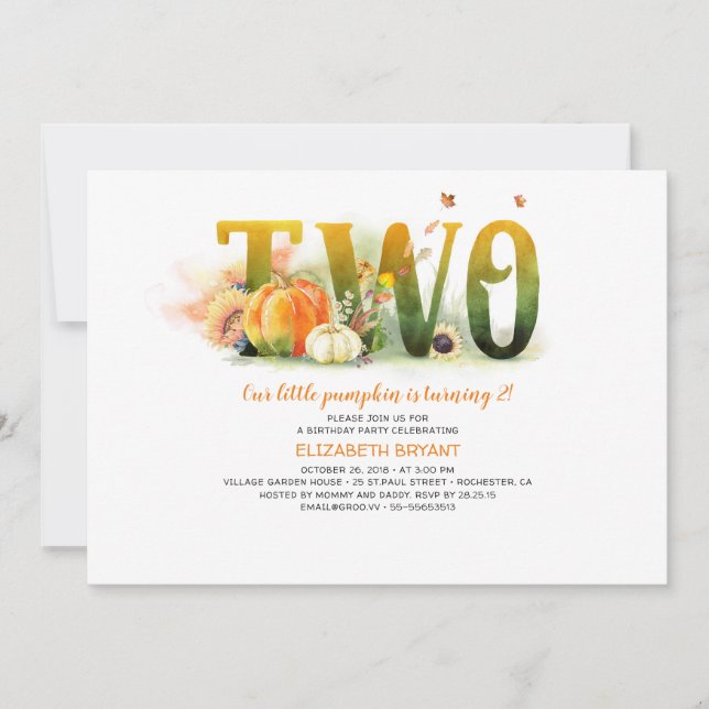 Little Pumpkin Fall 2nd Birthday Party Invitation (Front)