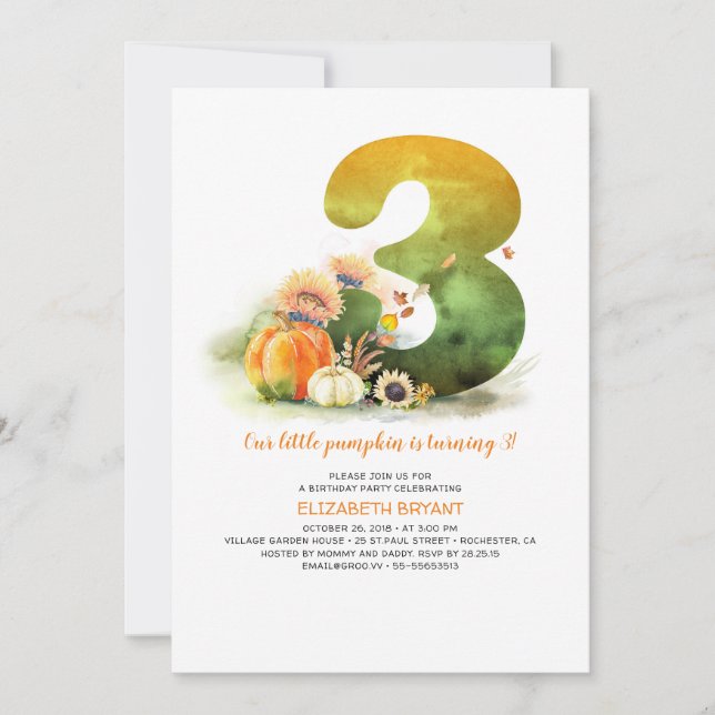 Little Pumpkin Fall 3rd Birthday Party Invitation (Front)