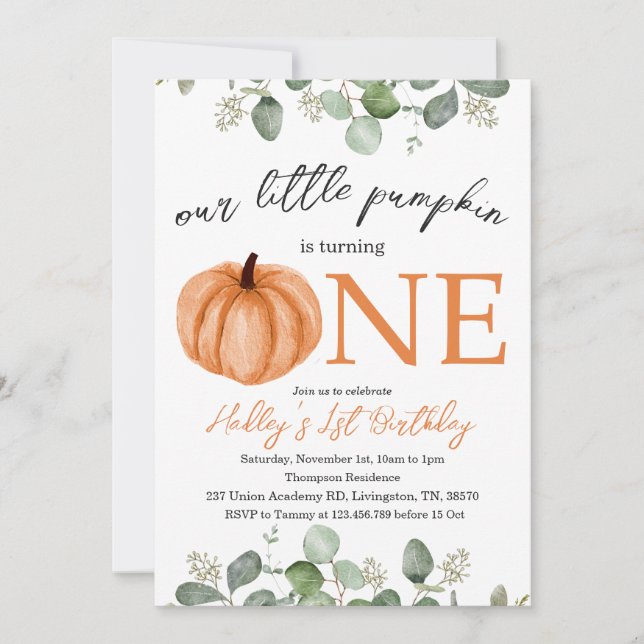 Little Pumpkin Fall / Autumn 1st Birthday  Invitation (Front)