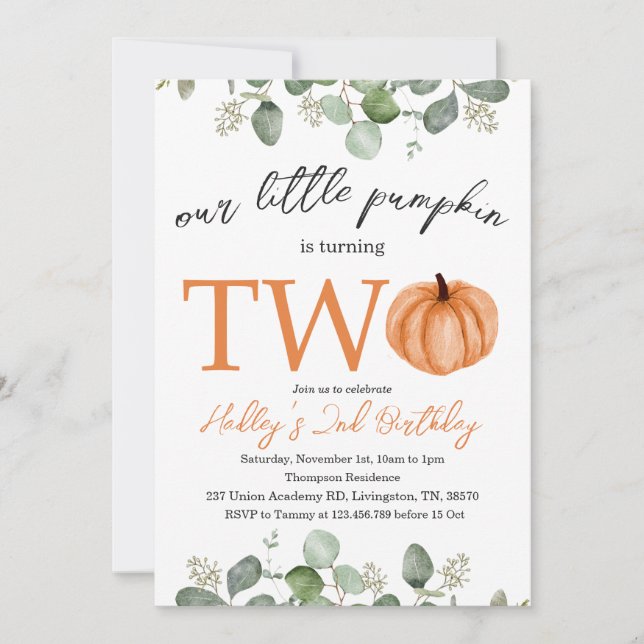 Little Pumpkin Fall / Autumn 2nd Second Birthday   Invitation (Front)