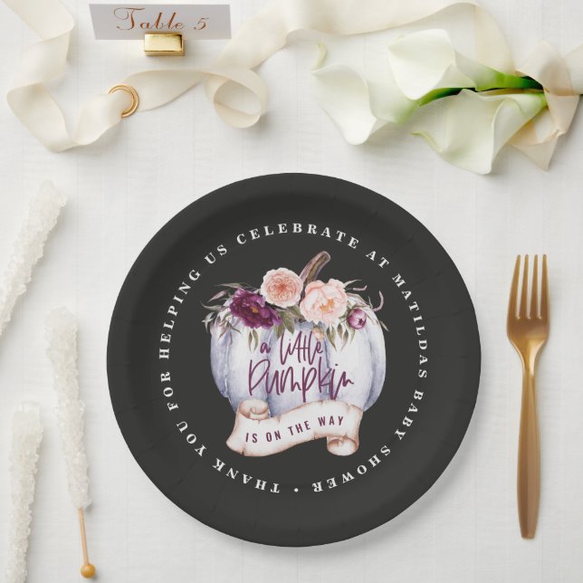 Little pumpkin fall baby shower black purple fall paper plate (Wedding)