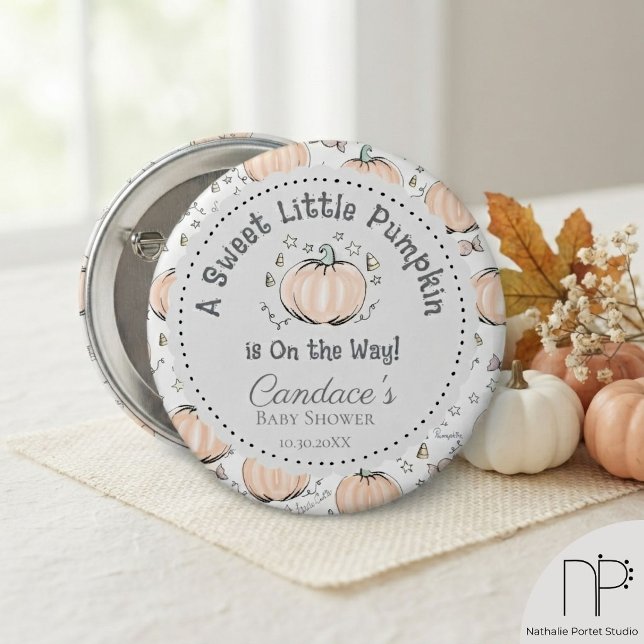 Little Pumpkin Fall Baby Shower Pin (Features intricate fine-line pumpkin candy star art for autumn gender-neutral celebrations.)