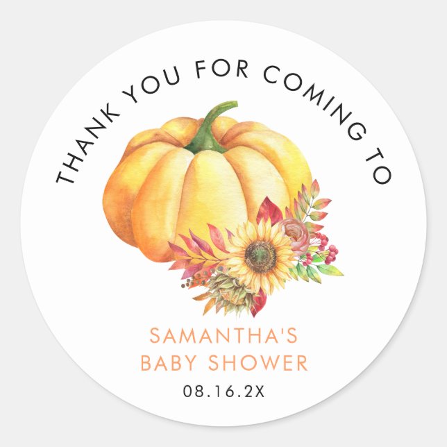 Little Pumpkin Fall Baby Shower Thank you  Classic Round Sticker (Front)