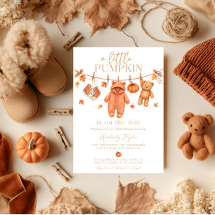 Little Pumpkin Fall Clothes Teddy Bear Baby Shower Invitation