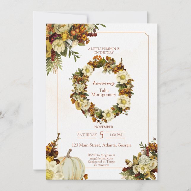 Little pumpkin Fall Floral baby shower  Invitation (Front)