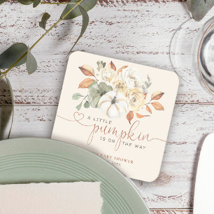 Little Pumpkin Fall Floral Baby Shower Square Paper Coaster