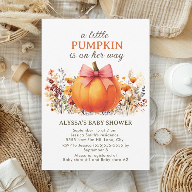 Little Pumpkin Fall Floral Boho Girl Baby Shower Invitation (Cute little girl baby shower "A little pumpkin is on her way" invitation)