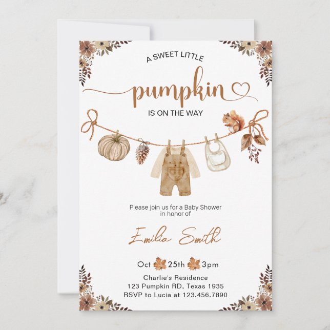 Little Pumpkin Fall Floral Boy Baby Shower  Invitation (Front)