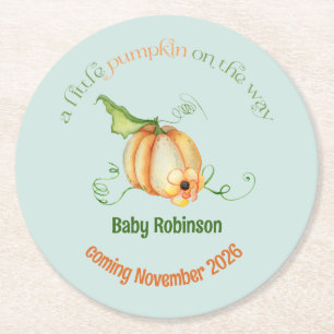 Little Pumpkin Fall Gender Neutral Baby Shower Round Paper Coaster