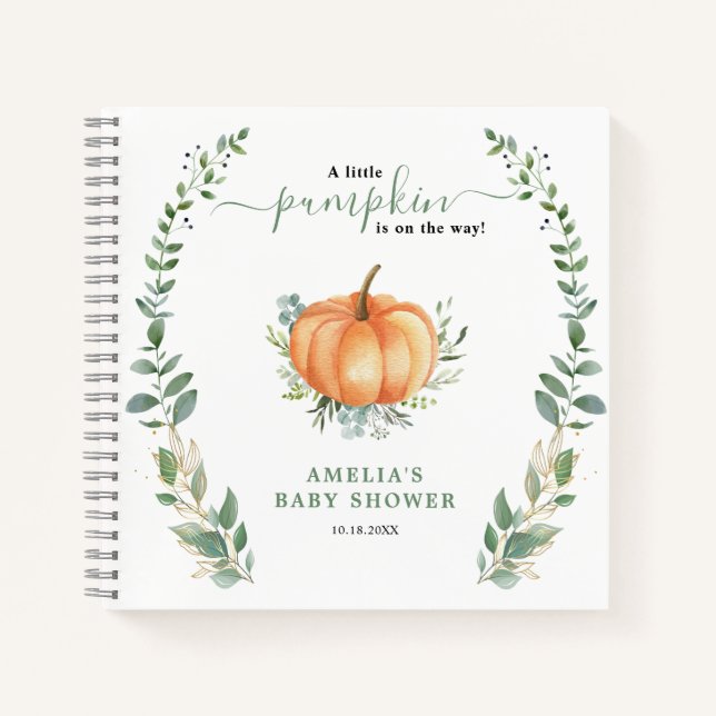 Little Pumpkin Fall Greenery Baby Shower Guestbook Notebook (Front)