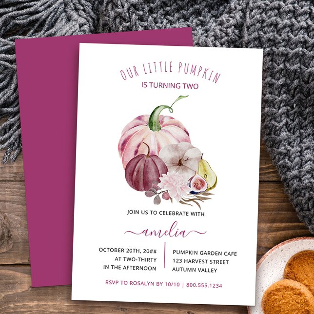 Little Pumpkin Fall Harvest Berry Pink Birthday Invitation (Little Pumpkin 2nd Birthday from my Little Pumpkin collection
)