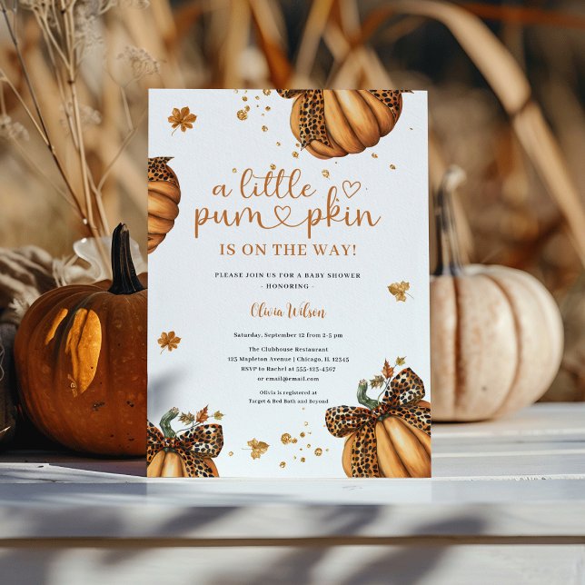Little Pumpkin Fall Minimalist Retro Leopard Bow Invitation ( Little Pumpkin Fall Minimalist - Gender Neutral Autumn Retro Coquette Leopard Bow Baby Shower)