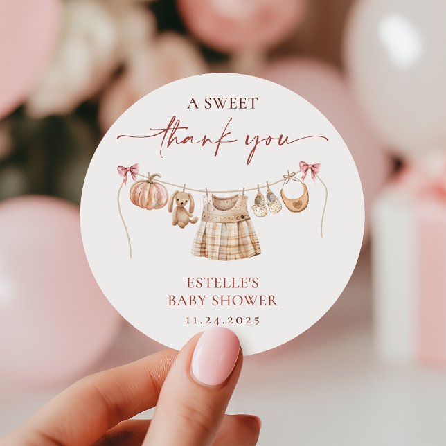 Little Pumpkin Fall Pink Girl Baby Shower Favour Classic Round Sticker (Creator Uploaded)