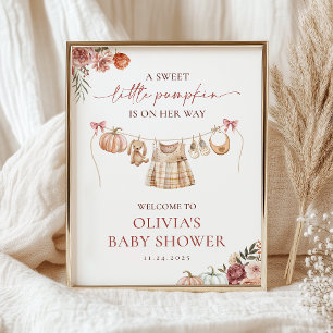 Little Pumpkin Fall Pink Girl Baby Shower Welcome Poster
