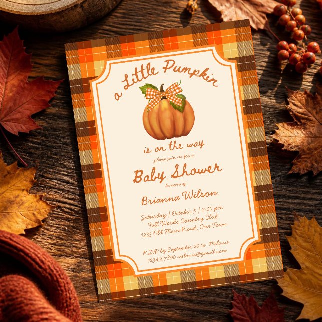 Little pumpkin fall plaid baby shower invitation (Little pumpkin orange brown fall plaid gender neutral baby shower invitation cards template)