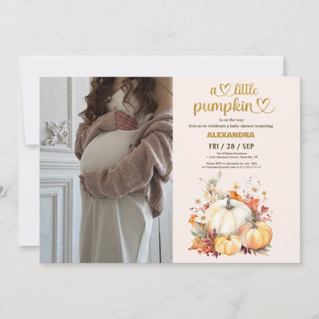 Little pumpkin fall watercolor floral baby shower invitation (Front)