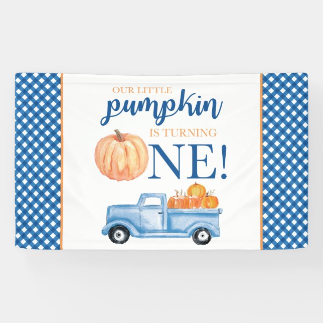 Little Pumpkin First Birthday blue truck plaid Banner (Horizontal)