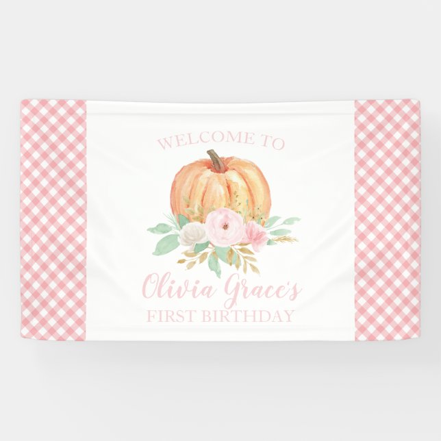 Little Pumpkin First Birthday floral pink plaid Banner (Horizontal)