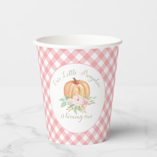 Little Pumpkin First Birthday Floral Pink Plaid  Paper Cups (Front)