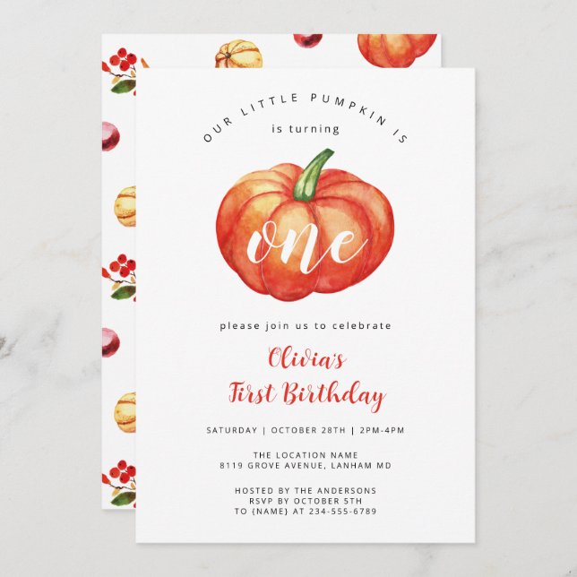 Little pumpkin first birthday party invitation  (Front/Back)