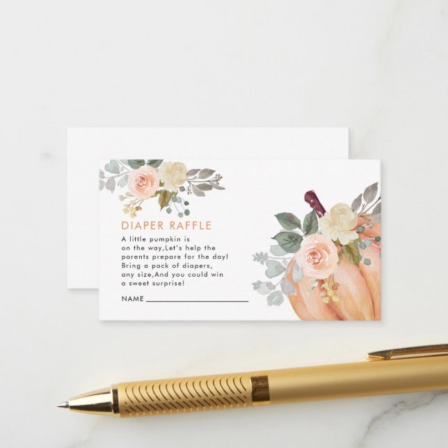 Little Pumpkin Floral Baby Shower Diaper Raffle Enclosure Card (Front/Back In Situ)