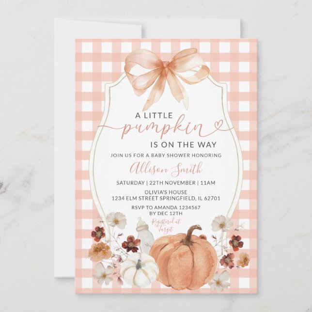 Little Pumpkin Floral Orange Gingham Baby Shower Invitation (Front)