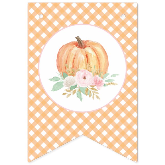 Little Pumpkin Floral orange Plaid first birthday Bunting Flags (First Flag)