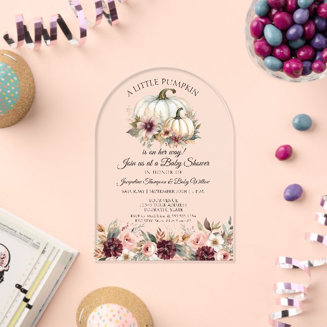 Little Pumpkin Floral Roses Burgundy Baby Shower Acrylic Invitations (Insitu (Celebration))