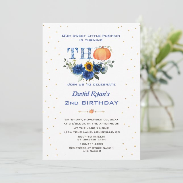 Little Pumpkin Floral Thanksgiving 2nd Birthday  Invitation (Standing Front)