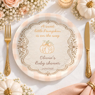 Little Pumpkin Gingham Baby Shower Paper Plate