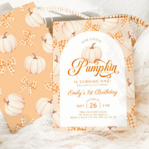 Little Pumpkin Gingham Bows 1st Birthday Invitation