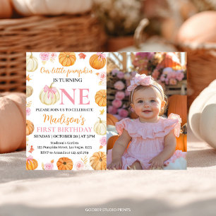 Little Pumpkin Girl 1st Birthday Photo Invitation