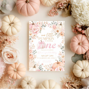 Little Pumpkin Girl Fall Floral 1st First Birthday Invitation