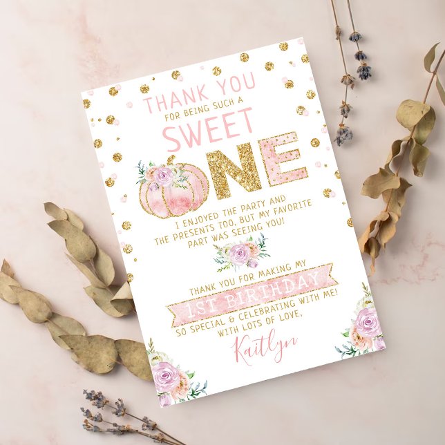 Little Pumpkin Girls 1st Birthday Thank You Card (Creator Uploaded)
