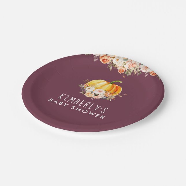 Little pumpkin gold floral baby shower paper plate (Angled)